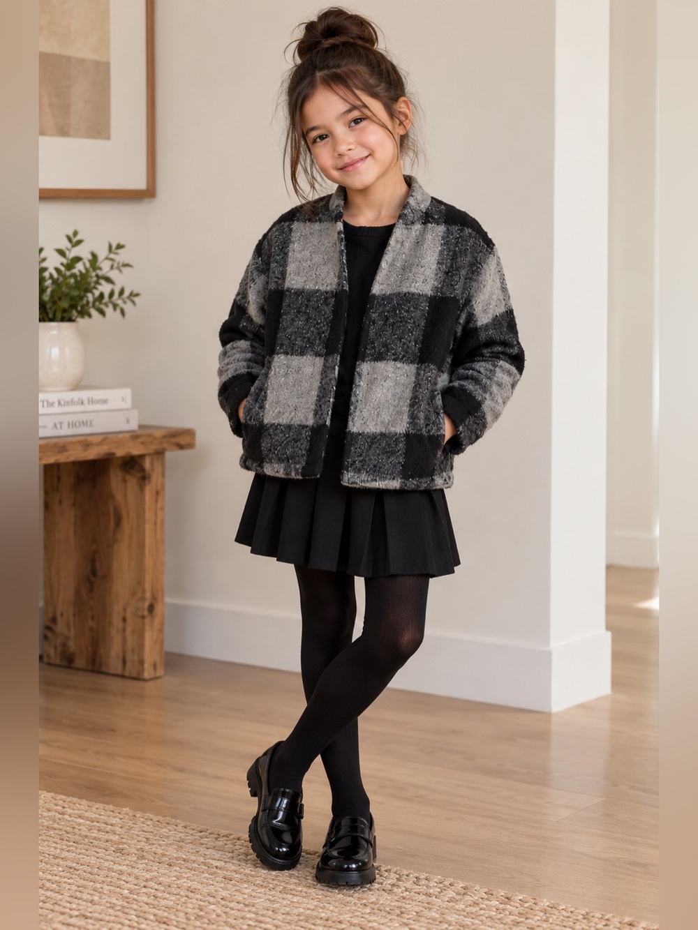 Zara Girls Black & Gray Plaid Pea Coat ~Size 7